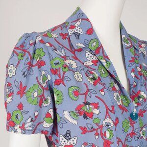 1930s Vintage Floral Blue Cotton Feedsack Puff Sleeve Skirt Suit Sz M